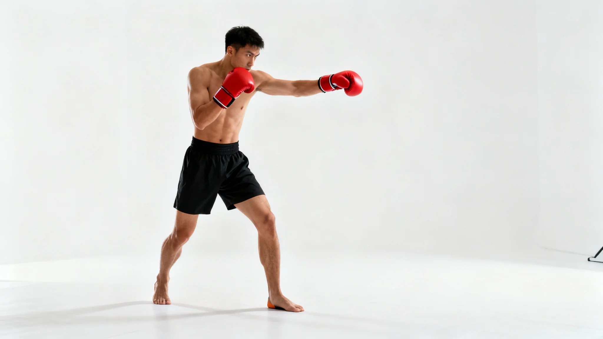A full-body photograph of an athletic boxer demonstrating the correct boxing stance against a plain white background, with fists raised and a focused expression.