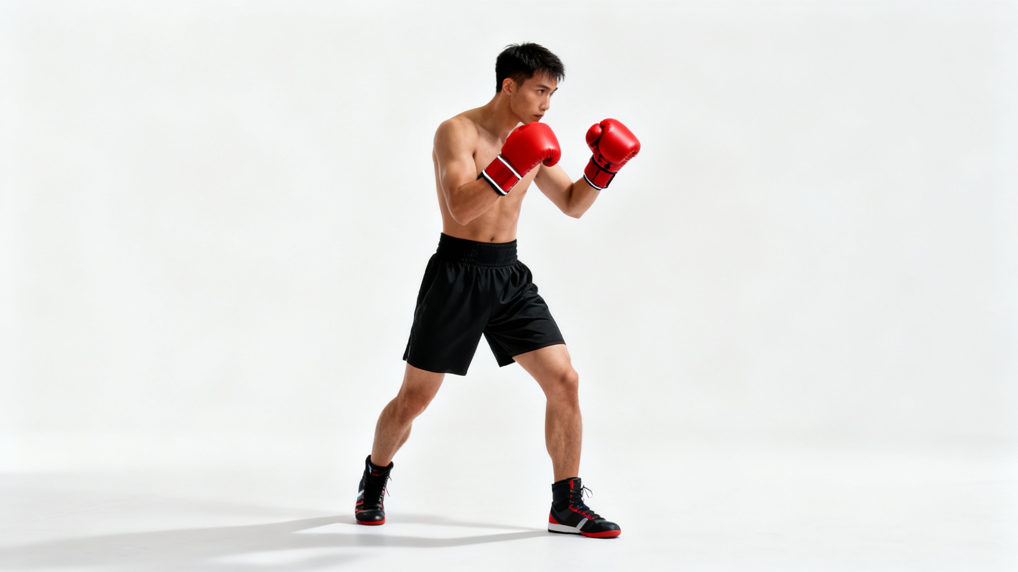 A full-body photograph of a boxer in a correct boxing stance, with hands up and feet properly positioned, set against a plain white background.