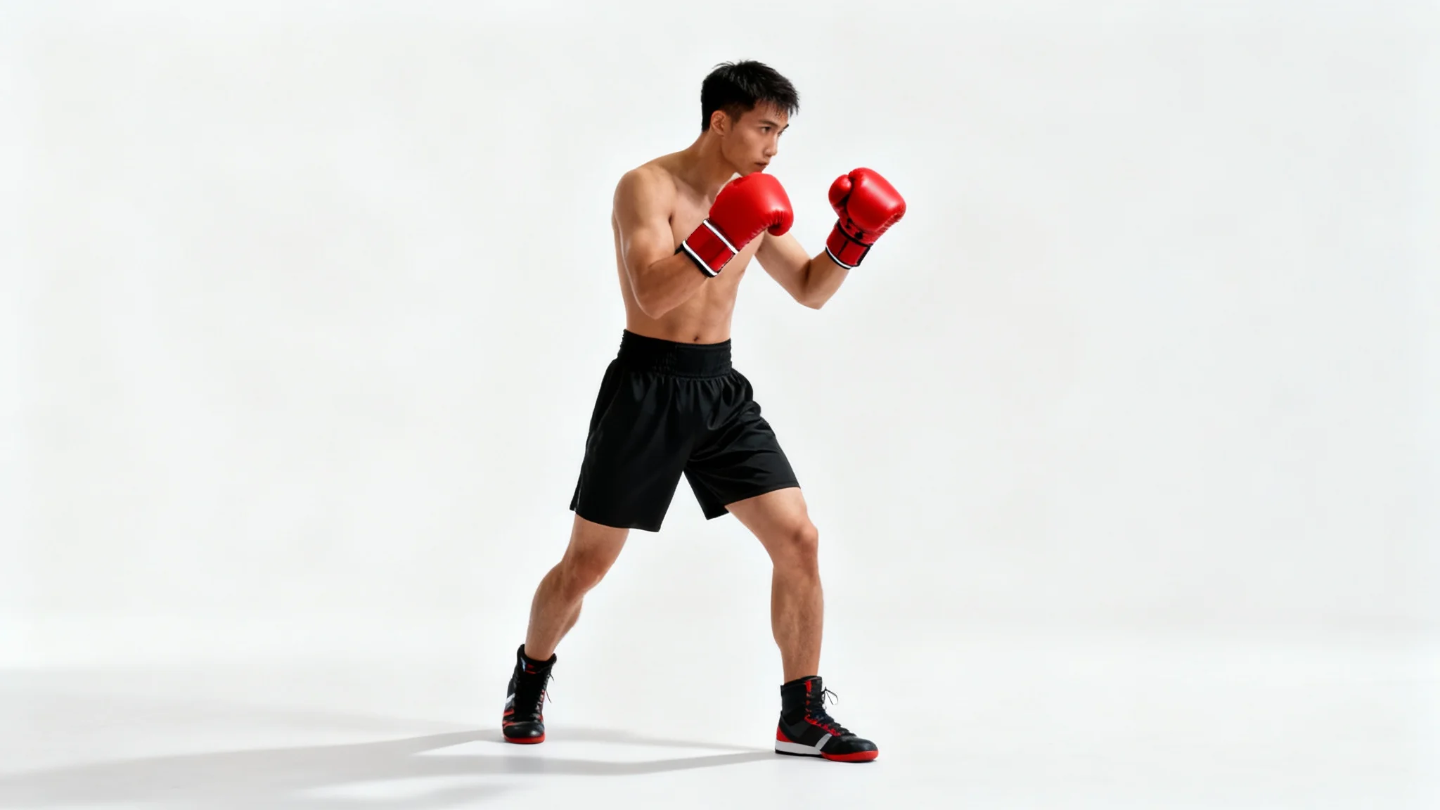 A full-body photograph of a boxer in a correct boxing stance, with hands up and feet properly positioned, set against a plain white background.