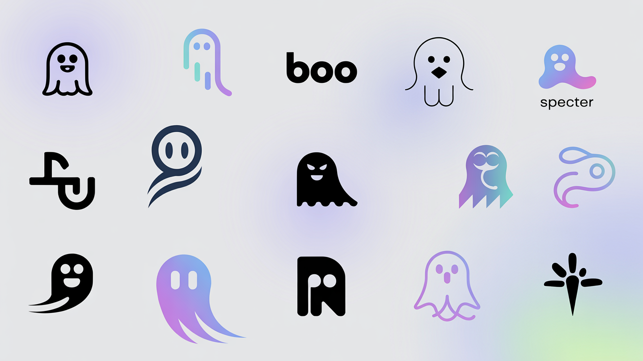 A collection of professionally designed minimalist ghost logos in various styles, showcased on a clean background as final design examples.