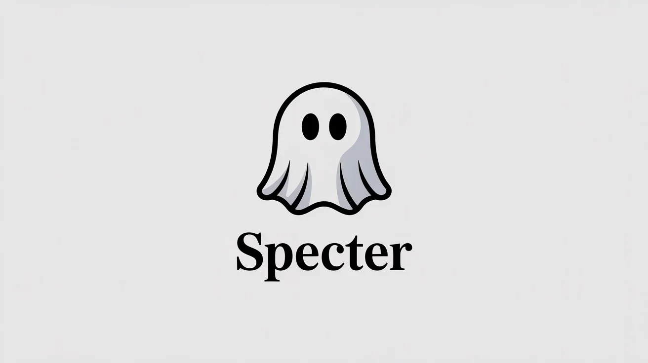 A minimalist ghost logo on a white background. The logo features a simple, friendly ghost in shades of grey and black, with the word 'Specter' written underneath in a modern font.