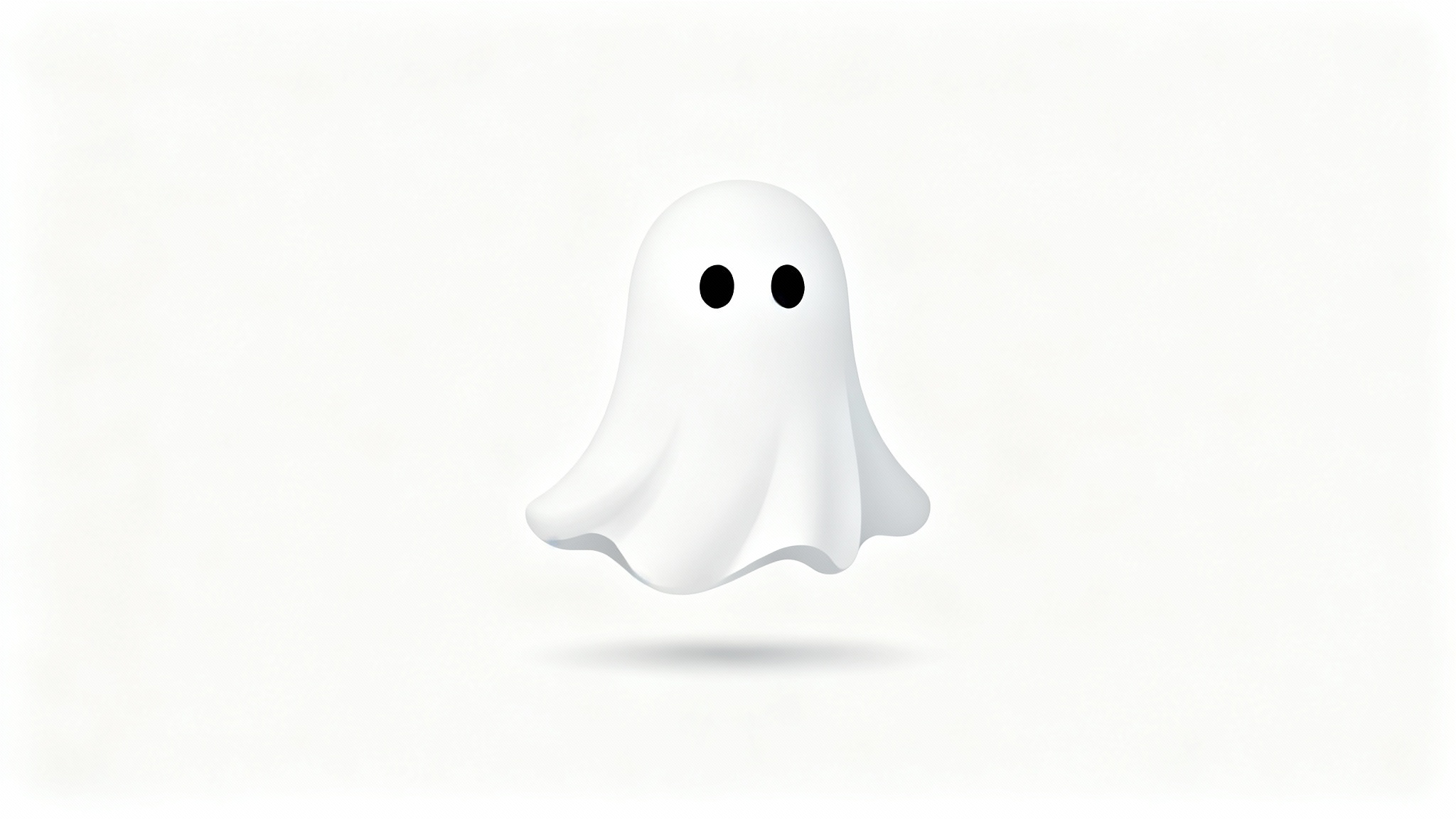A modern, minimalist logo of a friendly white ghost with simple black eyes, displayed centrally on a white background.