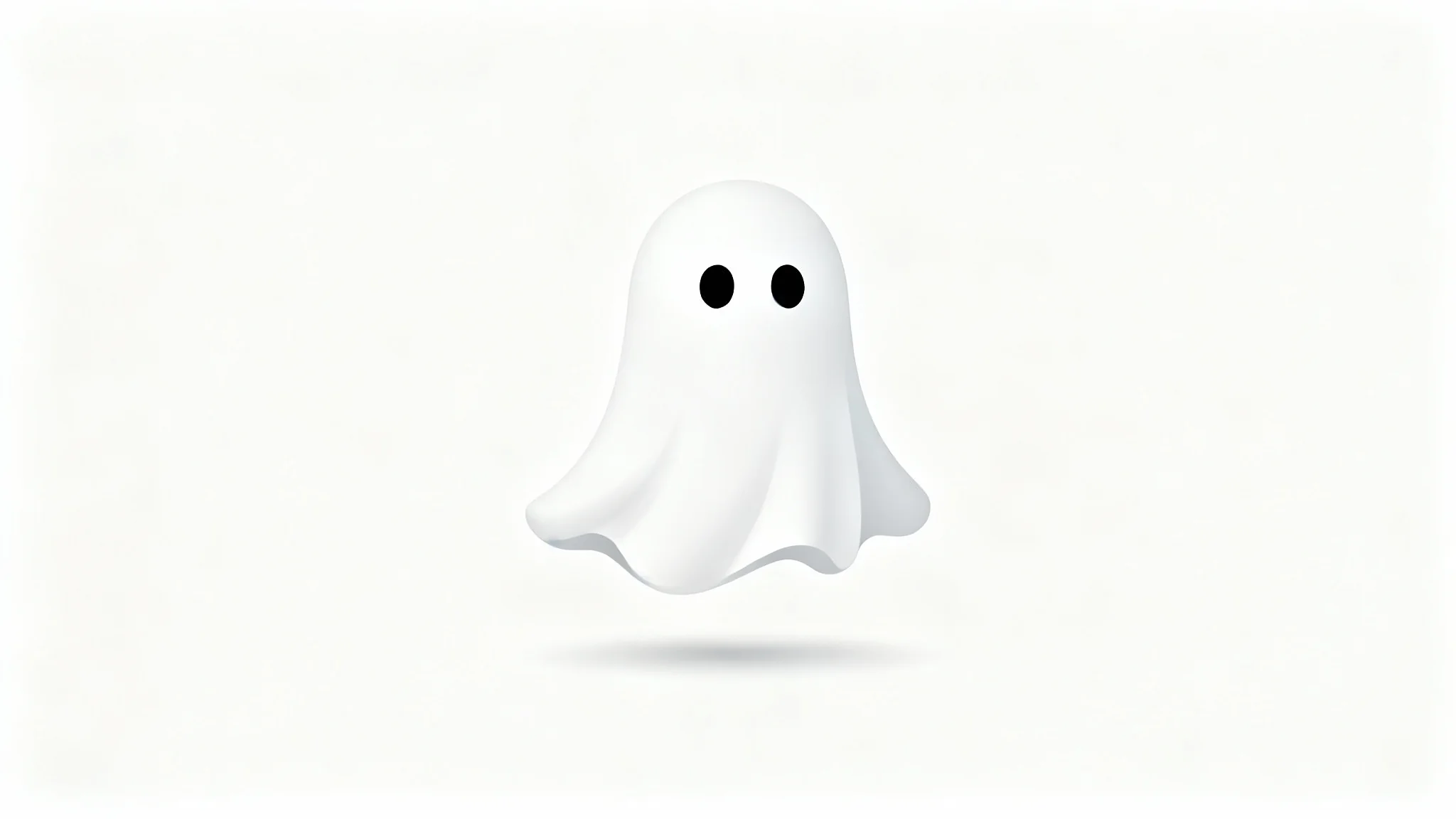 A modern, minimalist logo of a friendly white ghost with simple black eyes, displayed centrally on a white background.