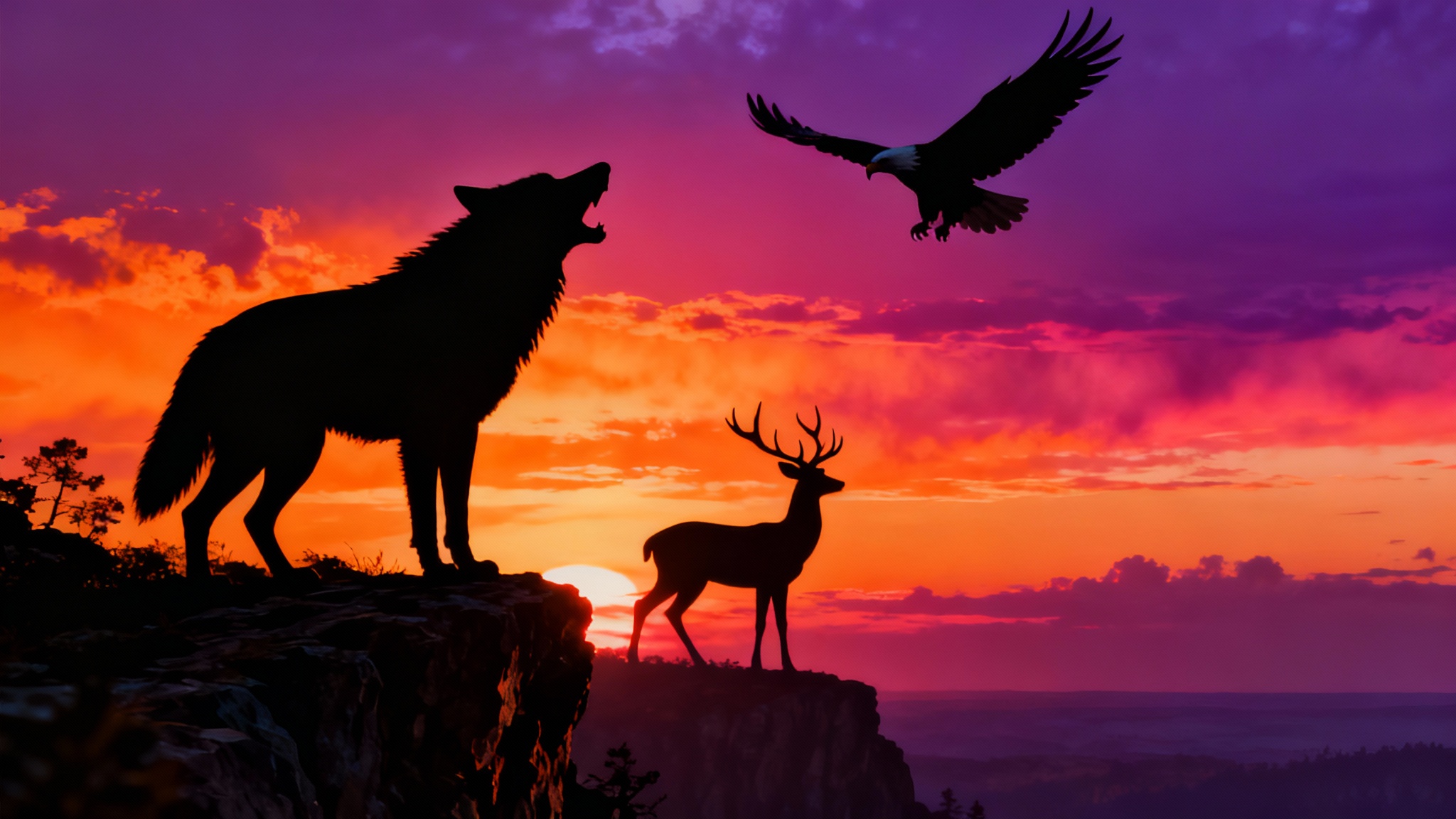 A high-quality digital artwork showing the silhouettes of a wolf, an eagle, and a deer against a dramatic and colorful sunset sky, representing a final design output.
