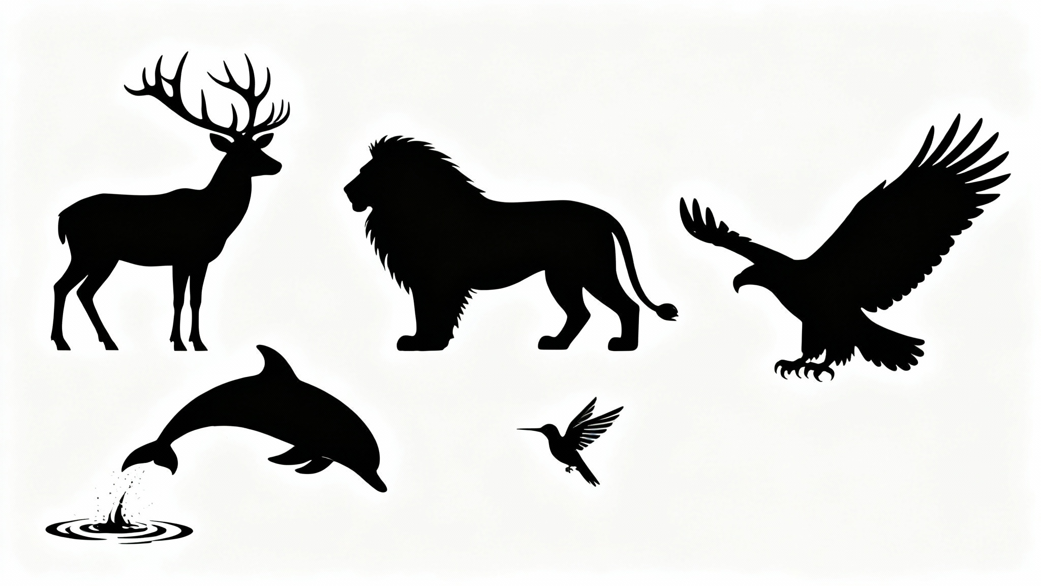A collection of black animal silhouettes, including a stag, lion, eagle, and dolphin, arranged artistically on a clean white background.