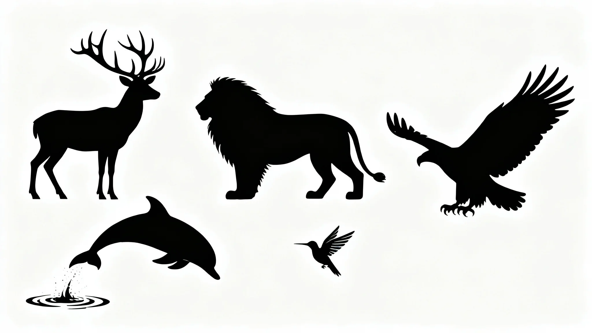 A collection of black animal silhouettes, including a stag, lion, eagle, and dolphin, arranged artistically on a clean white background.