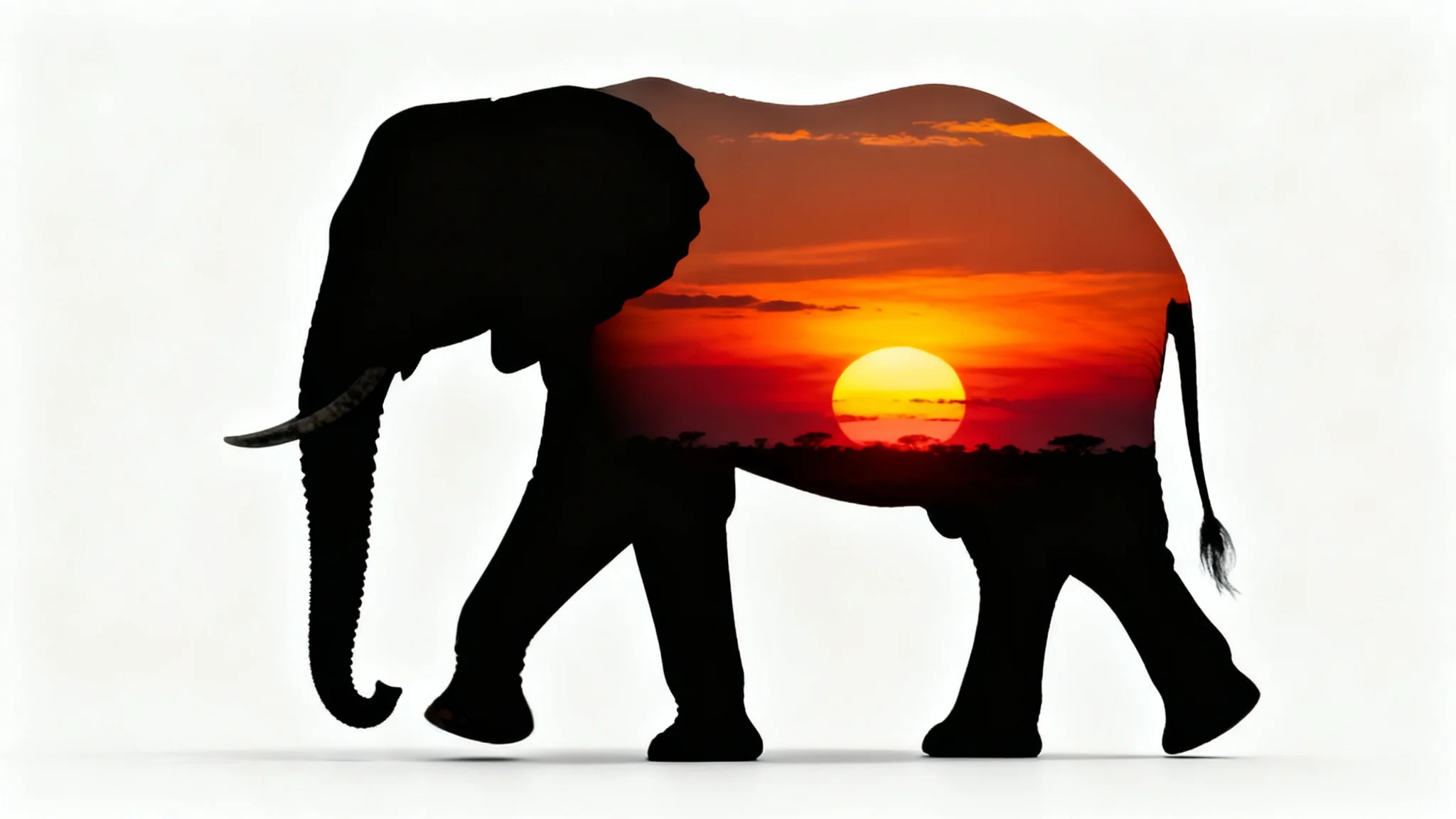 A photorealistic mockup of a black elephant silhouette against a vibrant orange and red sunset, isolated on a clean white background.