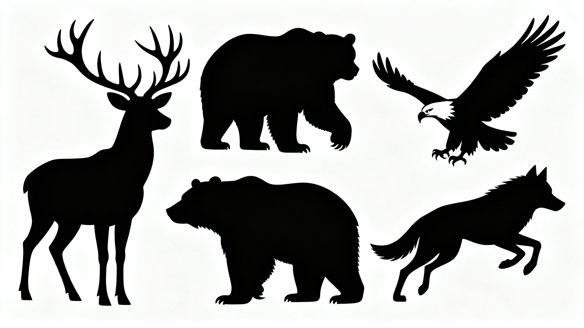 A modern graphic displaying a collection of black animal silhouettes, a stag, a bear, an eagle, and a wolf, arranged on a plain white background.