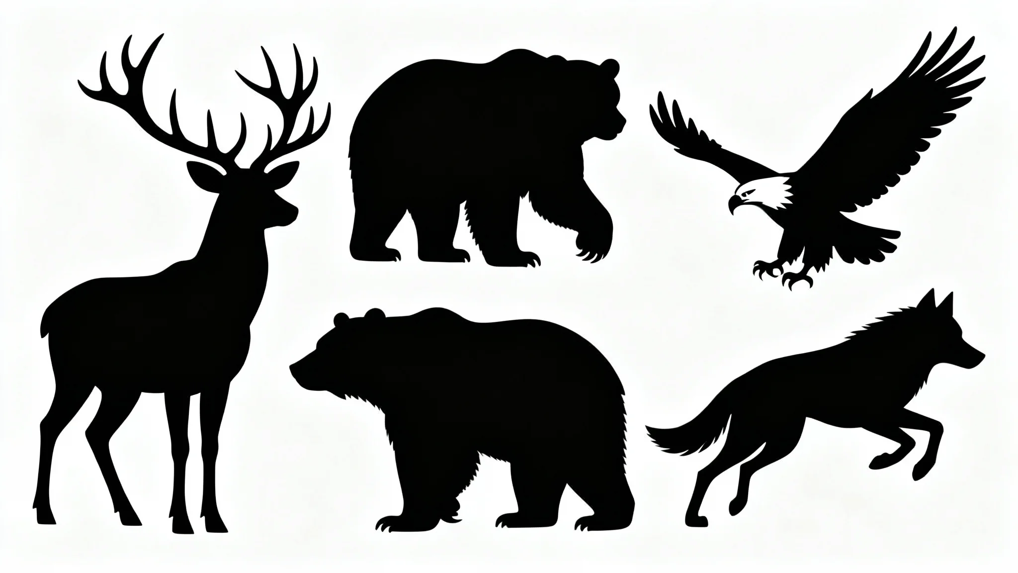 A modern graphic displaying a collection of black animal silhouettes, a stag, a bear, an eagle, and a wolf, arranged on a plain white background.