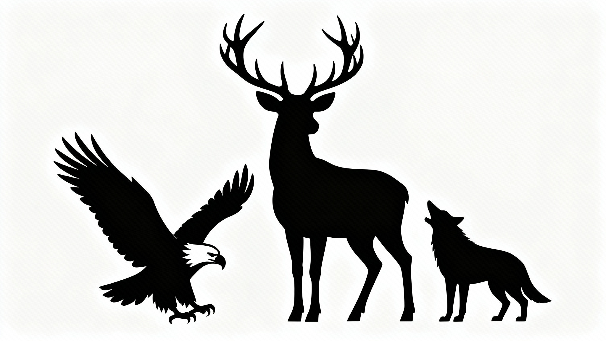 A minimalist composition of black animal silhouettes, featuring a stag, an eagle, and a wolf, against a stark white background.