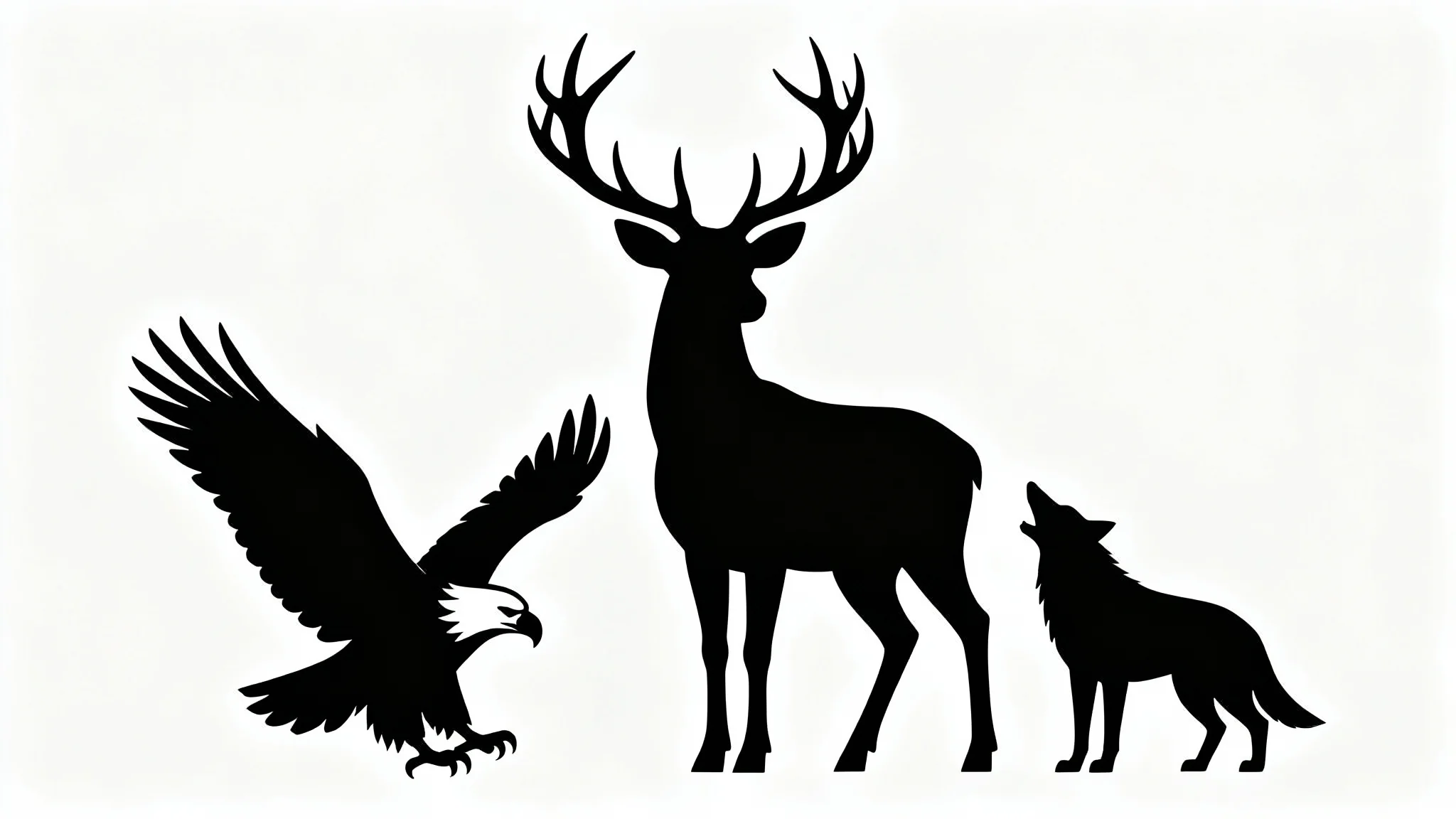 A minimalist composition of black animal silhouettes, featuring a stag, an eagle, and a wolf, against a stark white background.