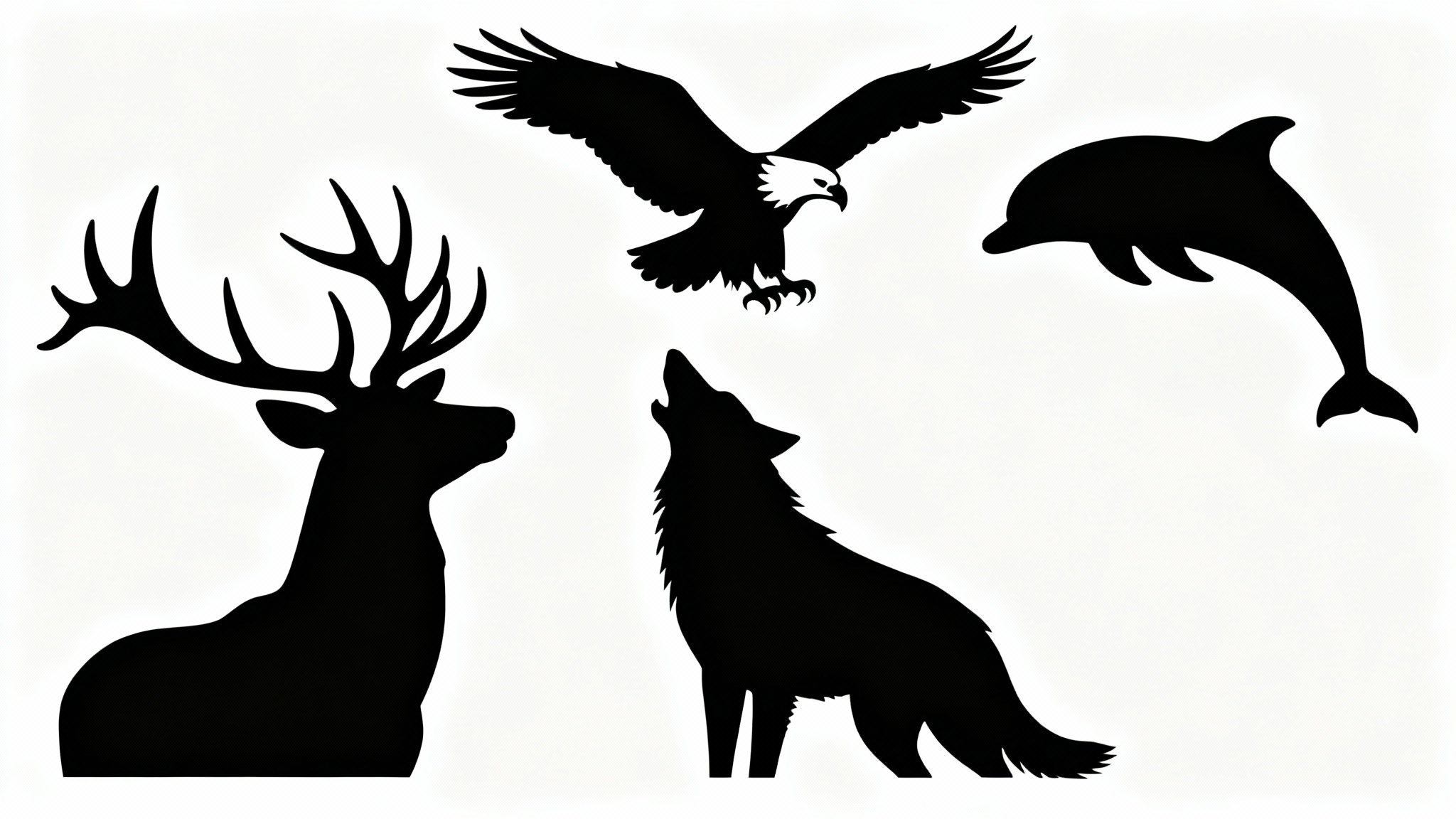 A minimalist mockup featuring a collection of crisp, black animal silhouettes, including a stag, eagle, wolf, and dolphin, displayed on a clean white background.