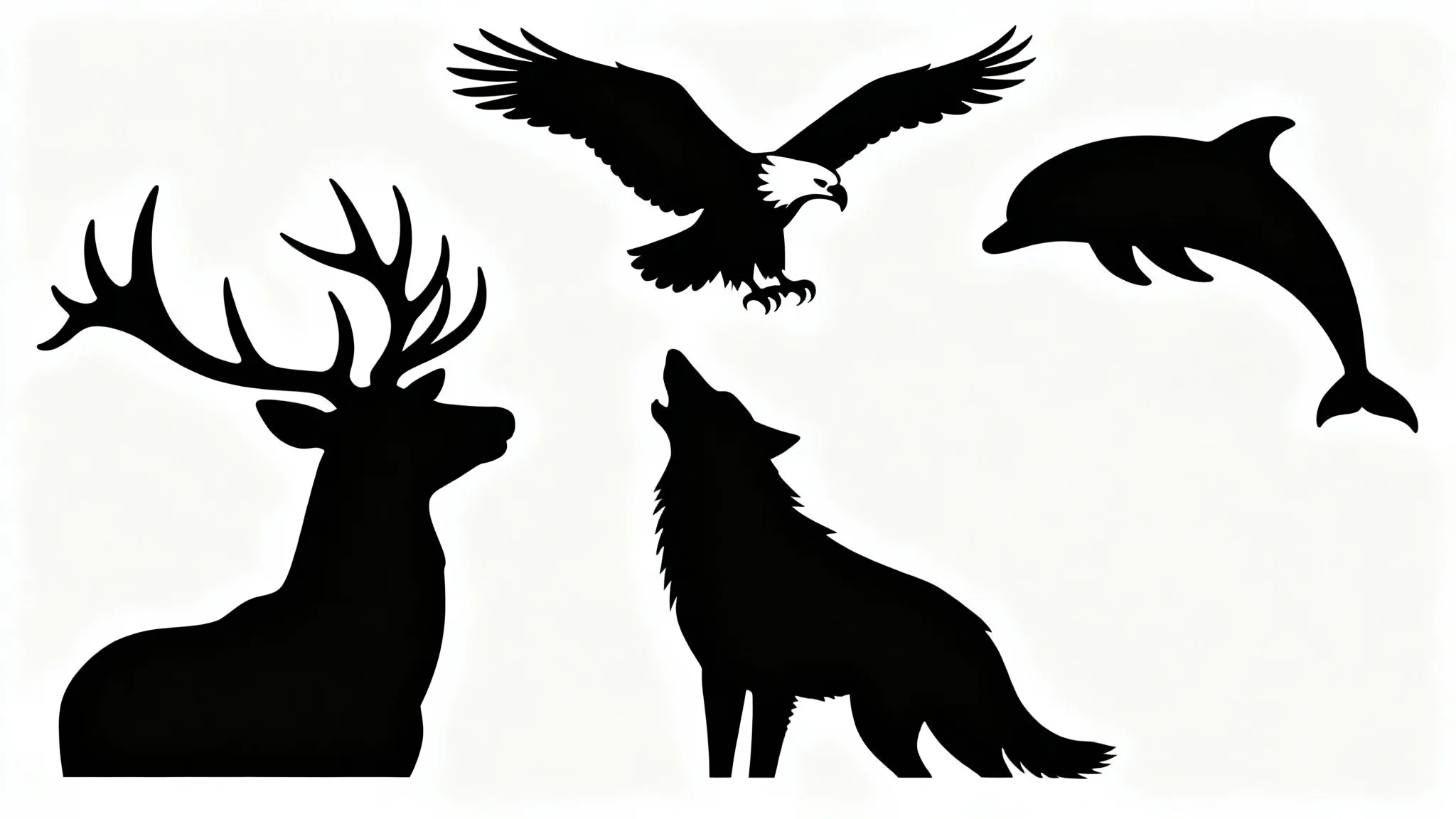 A minimalist mockup featuring a collection of crisp, black animal silhouettes, including a stag, eagle, wolf, and dolphin, displayed on a clean white background.