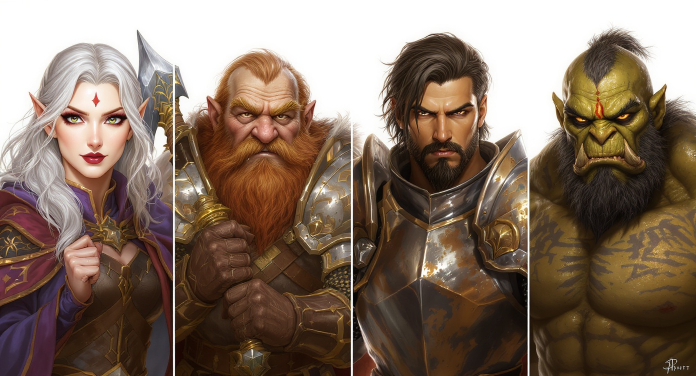 A collage of diverse fantasy character portraits on a white background, including an elf, dwarf, halfling, human, and orc, in a digital art style.
