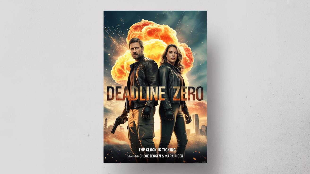 An action movie poster mockup for a fictional film titled 'Deadline Zero', featuring a man and woman in heroic poses in front of a massive explosion. The poster is displayed against a white background.