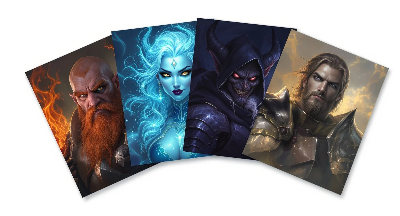 A fanned-out collection of diverse fantasy character portraits on a white background, showcasing generated NPCs for TTRPGs, including a dwarf warrior, an elf sorceress, a tiefling rogue, and a human paladin.