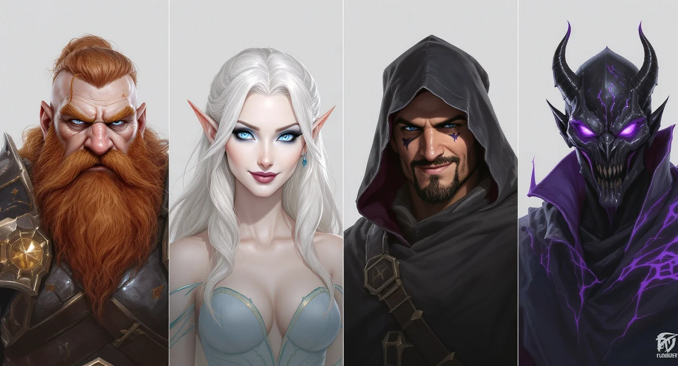 A digital painting showcasing four diverse fantasy characters for a TTRPG: a dwarf warrior, an elf mage, a human rogue, and a tiefling warlock, arranged in a grid on a clean background.