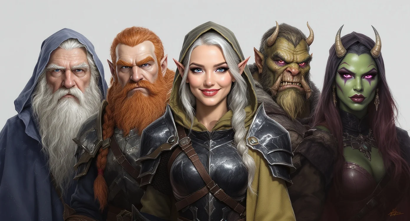 A collage of diverse fantasy character portraits for a tabletop RPG, including a wizard, a dwarf, an elf, a halfling, an orc, and a tiefling, all displayed against a neutral background.