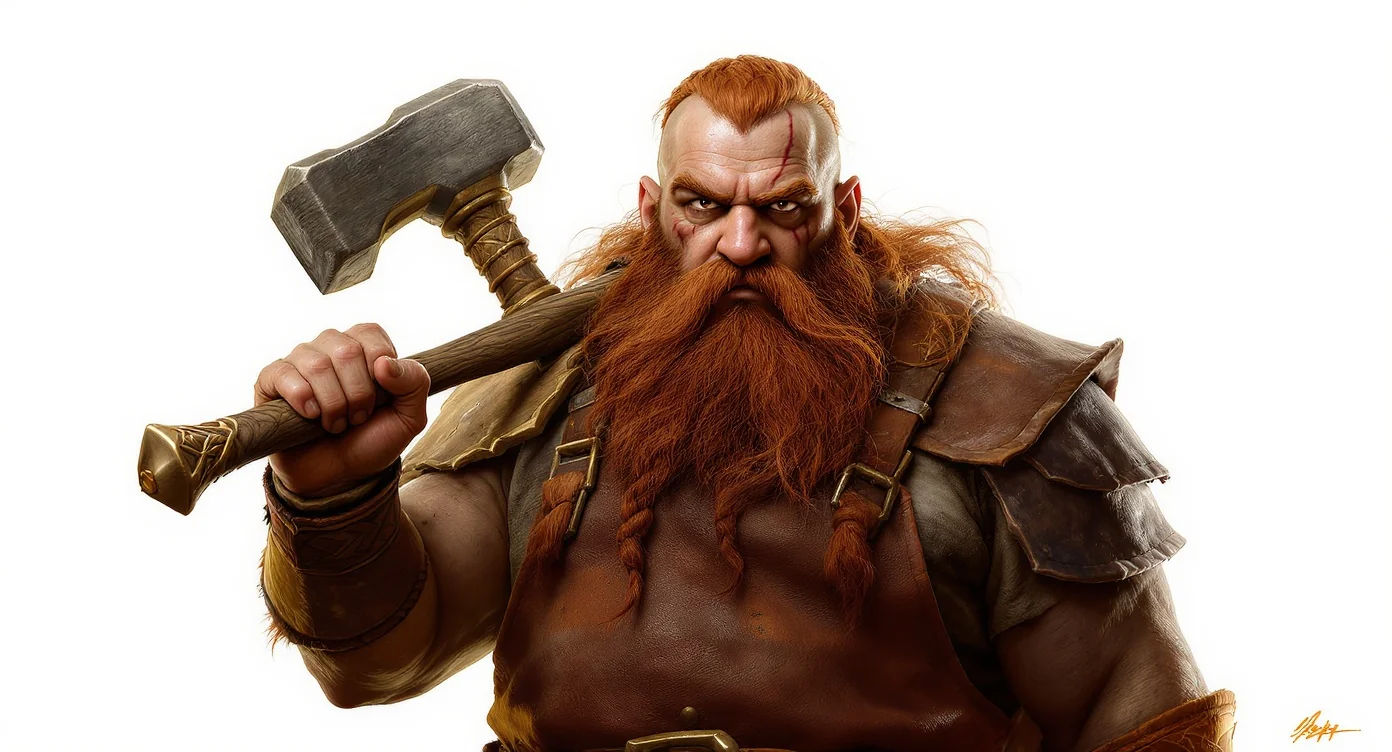 A detailed digital concept art portrait of a dwarf blacksmith NPC for a TTRPG, isolated against a white background. He has a long braided red beard, wears a leather apron, and holds a large hammer over his shoulder.