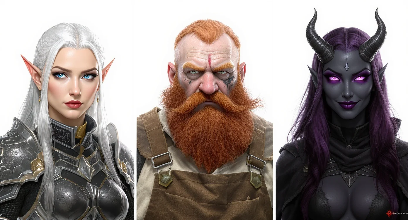 Three high-quality digital portraits of fantasy characters are arranged side-by-side on a white background: an elf warrior, a dwarf blacksmith, and a tiefling warlock, representing generated NPCs for creative projects.