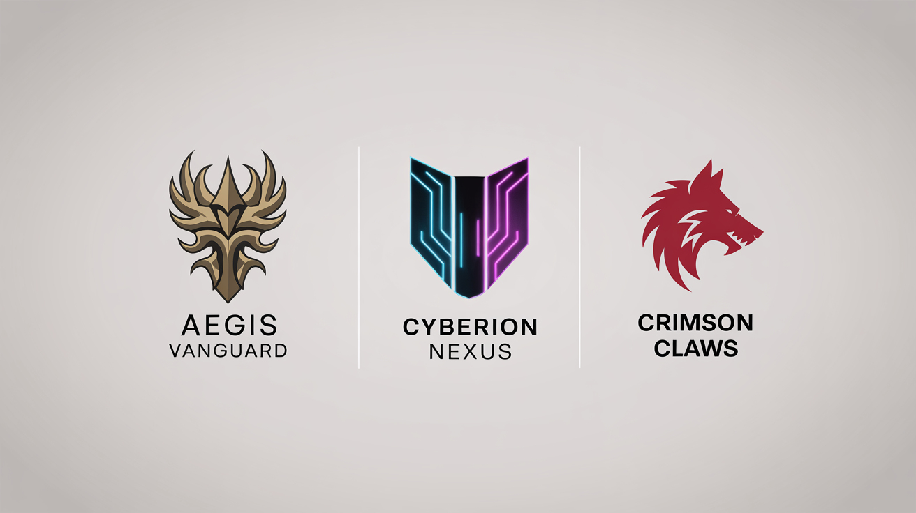 A showcase of three different gaming guild logos created with a logo maker. One is a fantasy dragon crest, one is a futuristic neon symbol, and one is a modern esports wolf head.