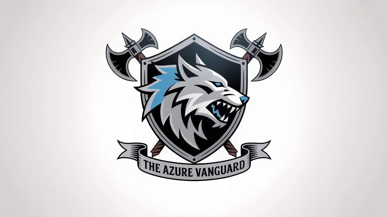 A fantasy guild logo mockup for 'The Azure Vanguard', featuring a silver and blue dire wolf's head on a steel shield with crossed axes, displayed on a clean white background.