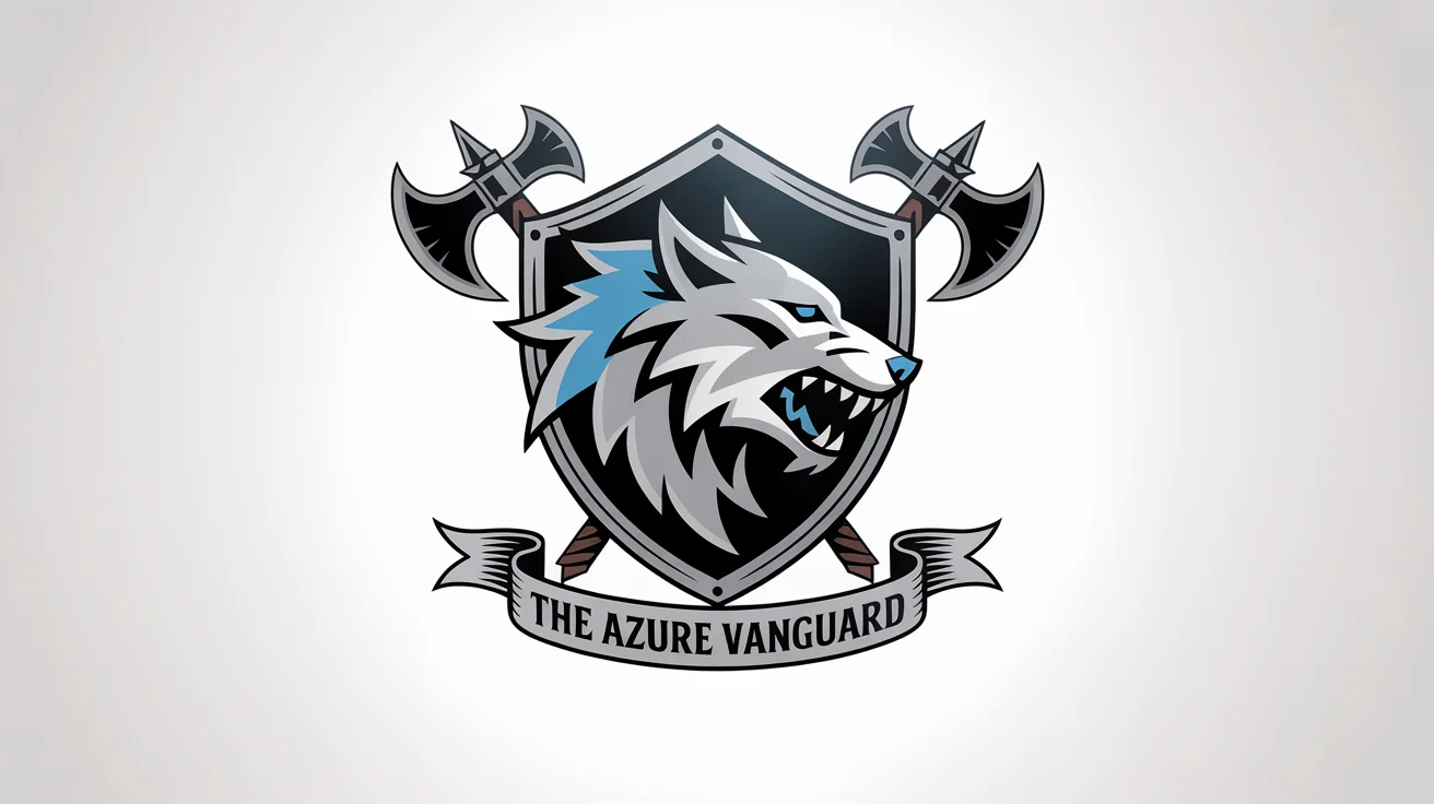 A fantasy guild logo mockup for 'The Azure Vanguard', featuring a silver and blue dire wolf's head on a steel shield with crossed axes, displayed on a clean white background.