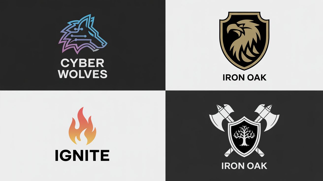 A collection of four distinct gaming guild logos, including a fantasy griffin, a sci-fi cyber wolf, a minimalist phoenix, and a classic RPG shield with axes.