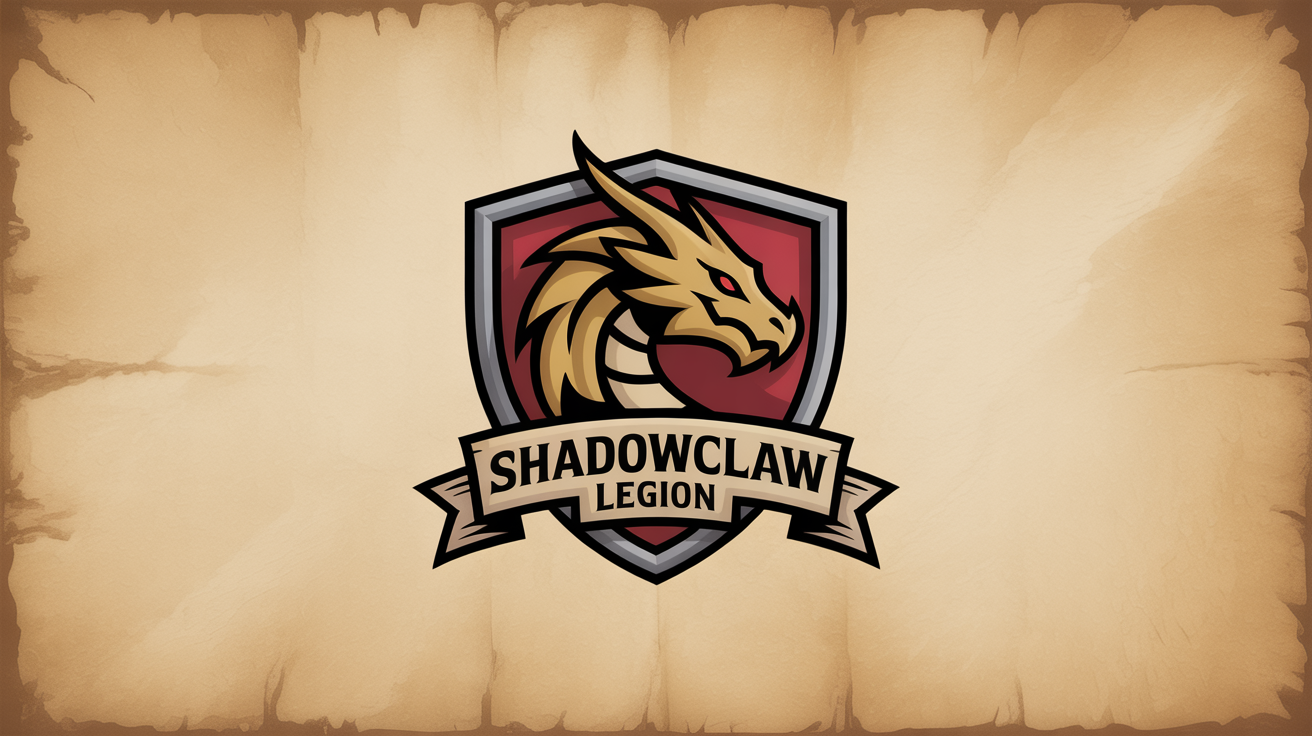 A fantasy guild logo for the 'Shadowclaw Legion', featuring a fierce gold and crimson dragon head inside a shield, shown as a mockup on a clean white background.