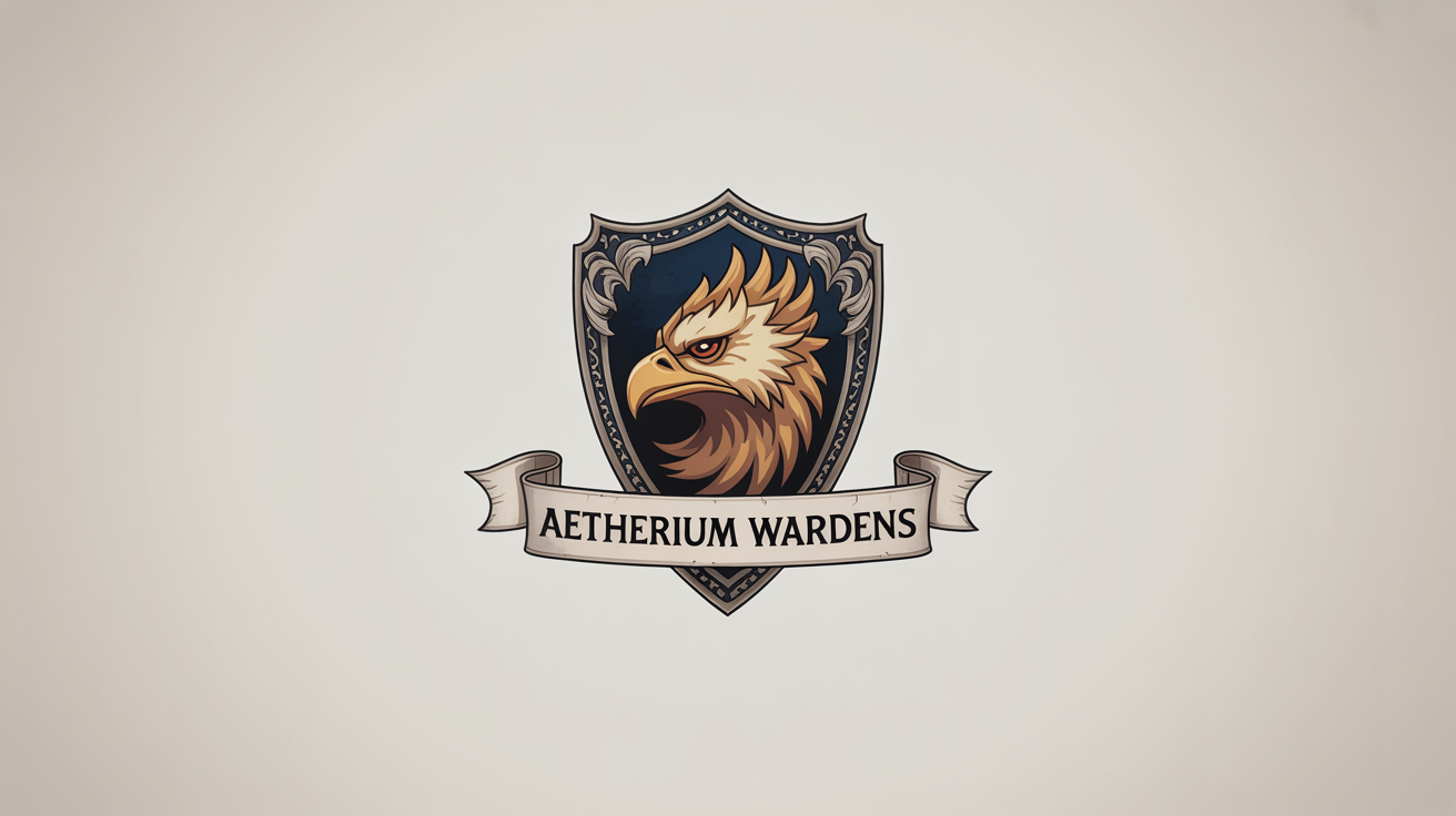 A professionally designed mockup of an epic fantasy guild logo for 'AETHERIUM WARDENS' on a white background, featuring a golden griffin on a navy blue shield with a descriptive banner.