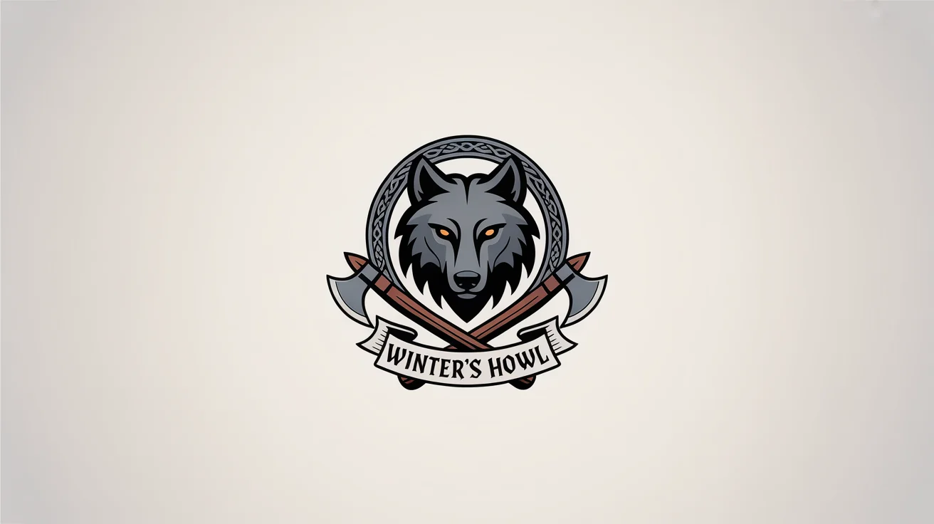 An epic fantasy guild logo for a guild named 'Winter's Howl', featuring a roaring dire wolf head, crossed axes, and Celtic knotwork on a white background.