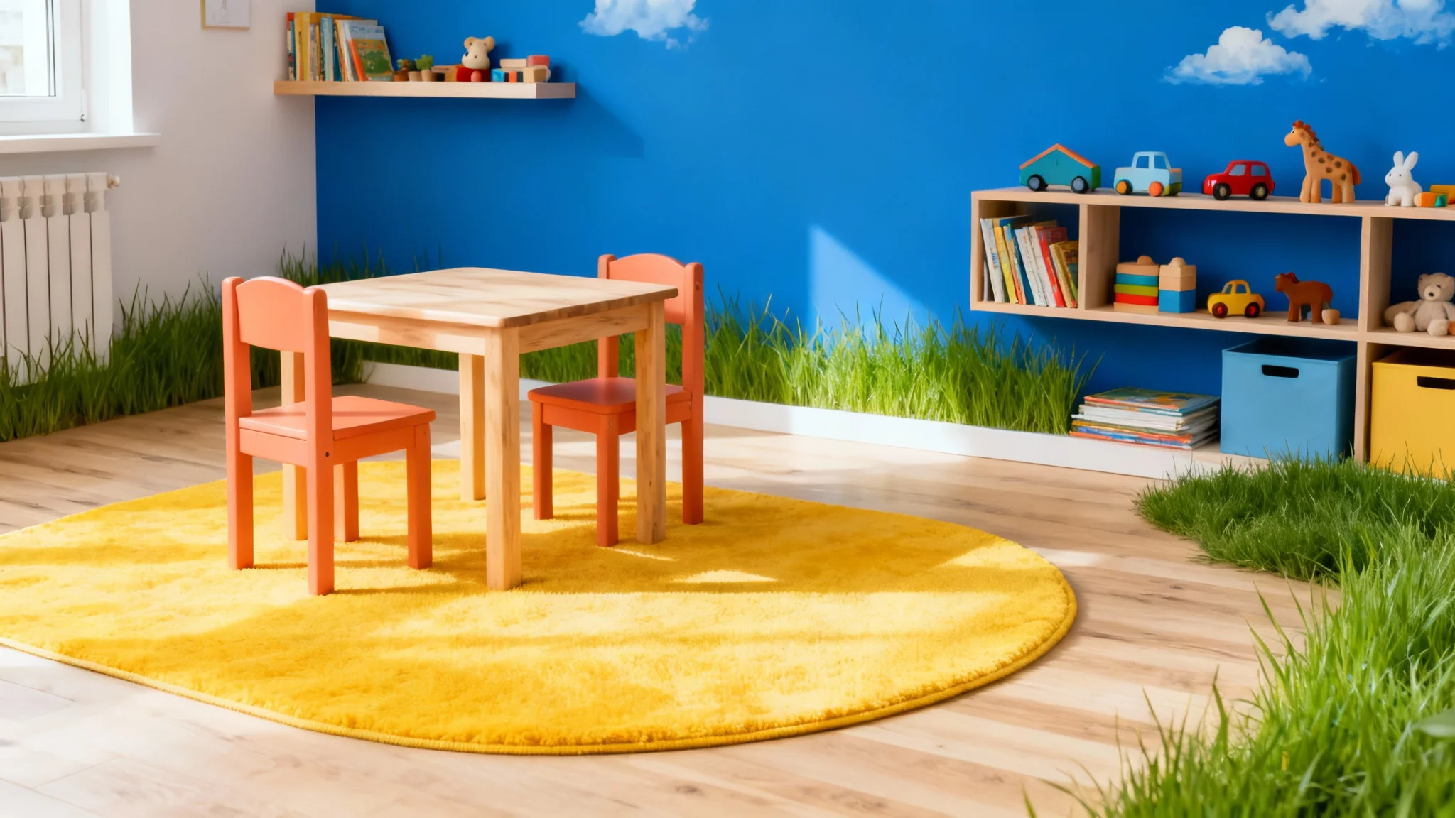 A professionally designed children's playroom using a Bluey-inspired color palette, featuring blue walls, orange furniture, and a yellow rug.