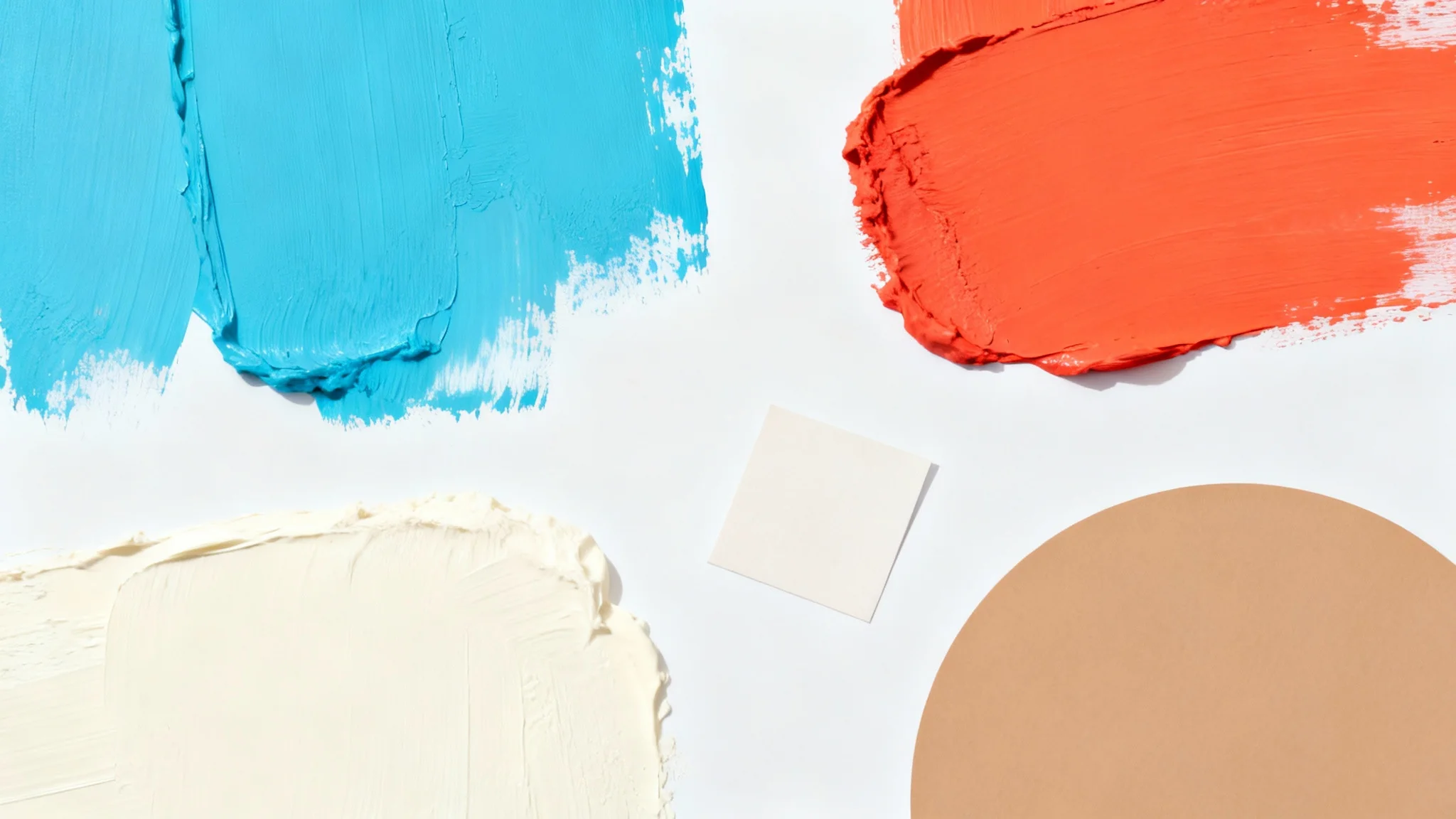 A minimalist graphic design mockup of the Bluey color palette, showing abstract shapes in vibrant blue, orange, cream, and tan on a white background.