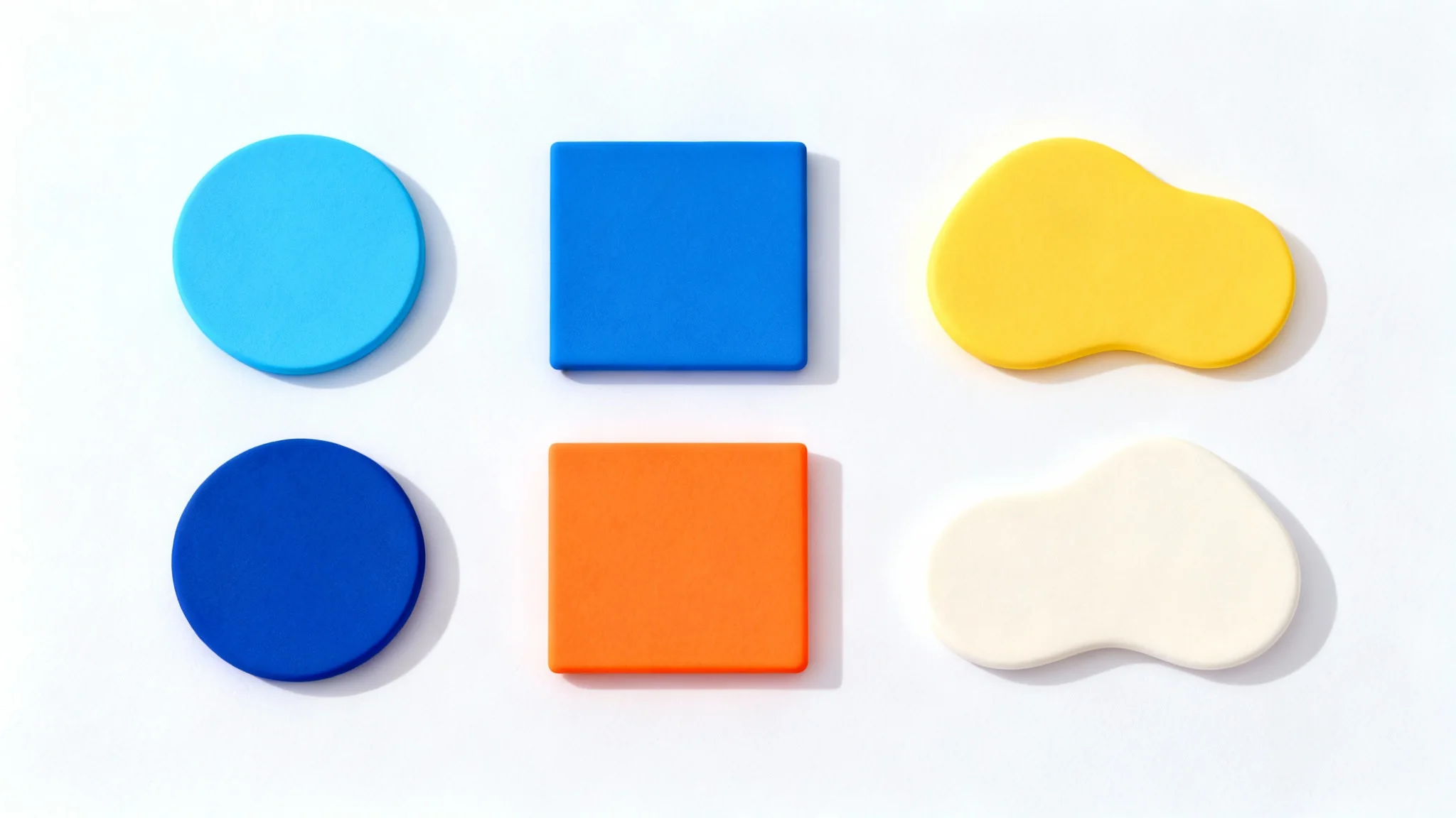 A flat lay arrangement of color swatches in shades of blue, orange, yellow, and cream, representing a 'Bluey' inspired color palette, displayed on a clean white background.