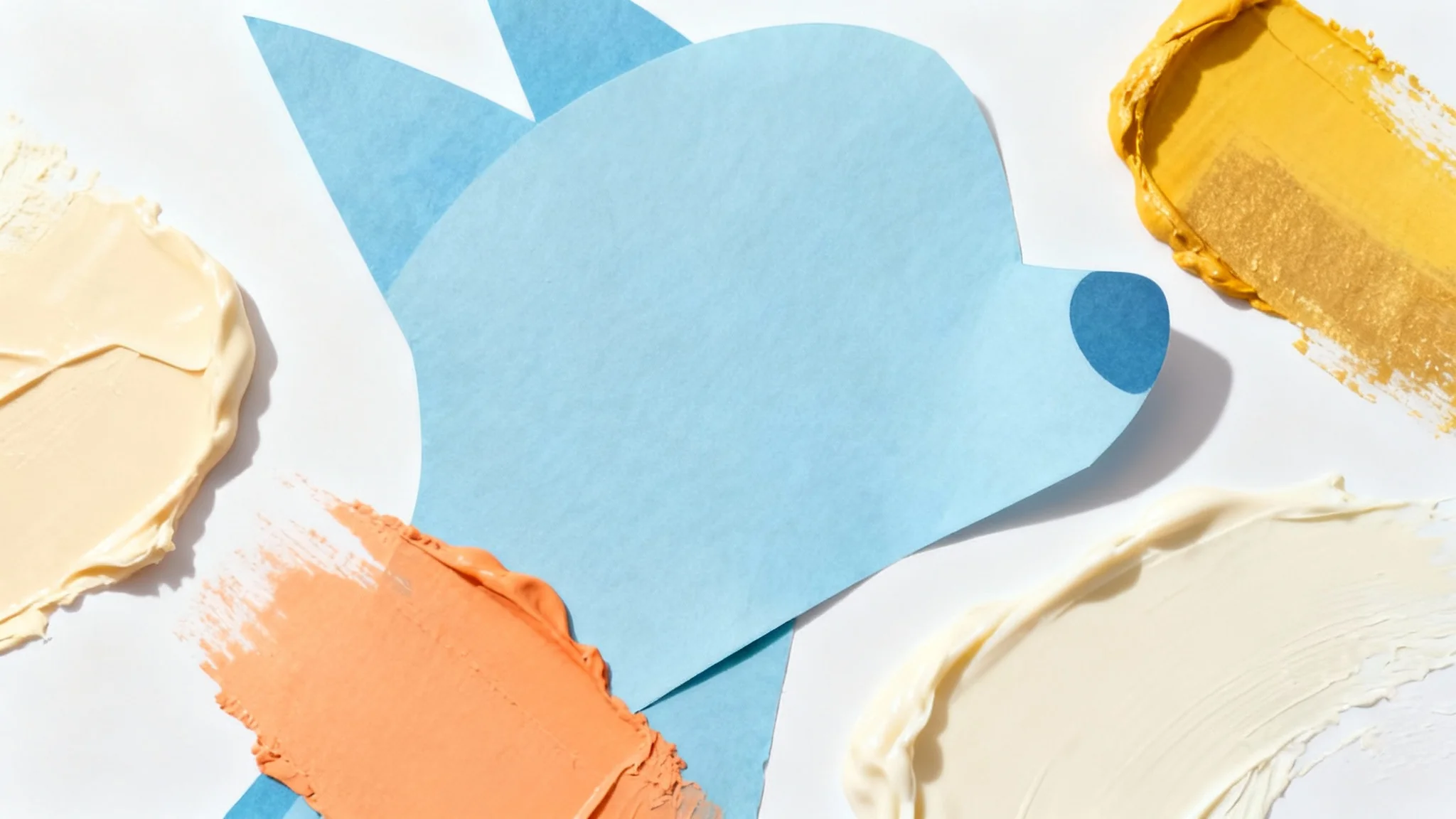 A mockup displaying a color palette inspired by the show Bluey, with abstract swatches of soft blue, creamy orange, muted yellow, and cream arranged neatly on a white background.
