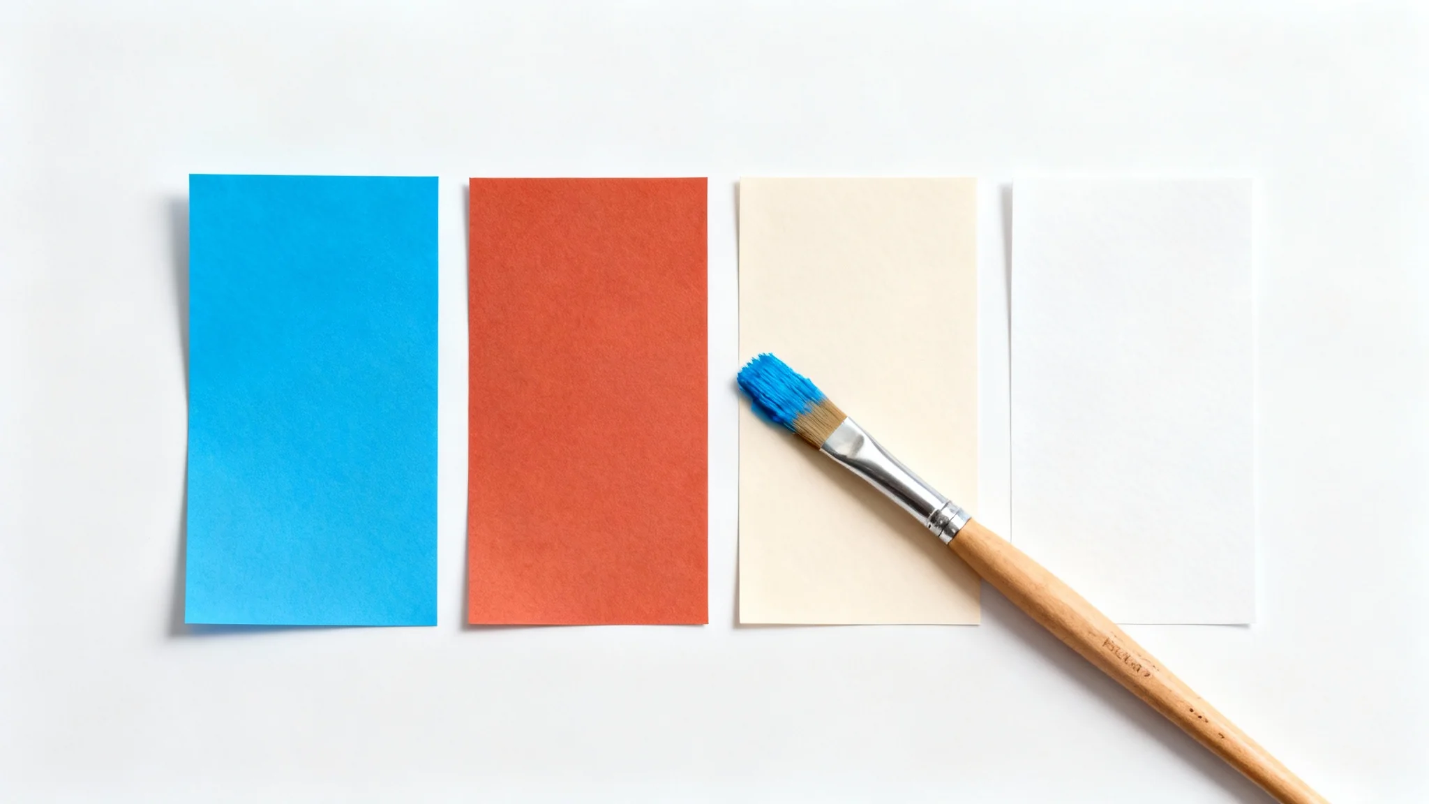 A minimalist studio photograph of a color palette inspired by the cartoon 'Bluey', featuring paper swatches of blue, orange, and cream on a clean white background.