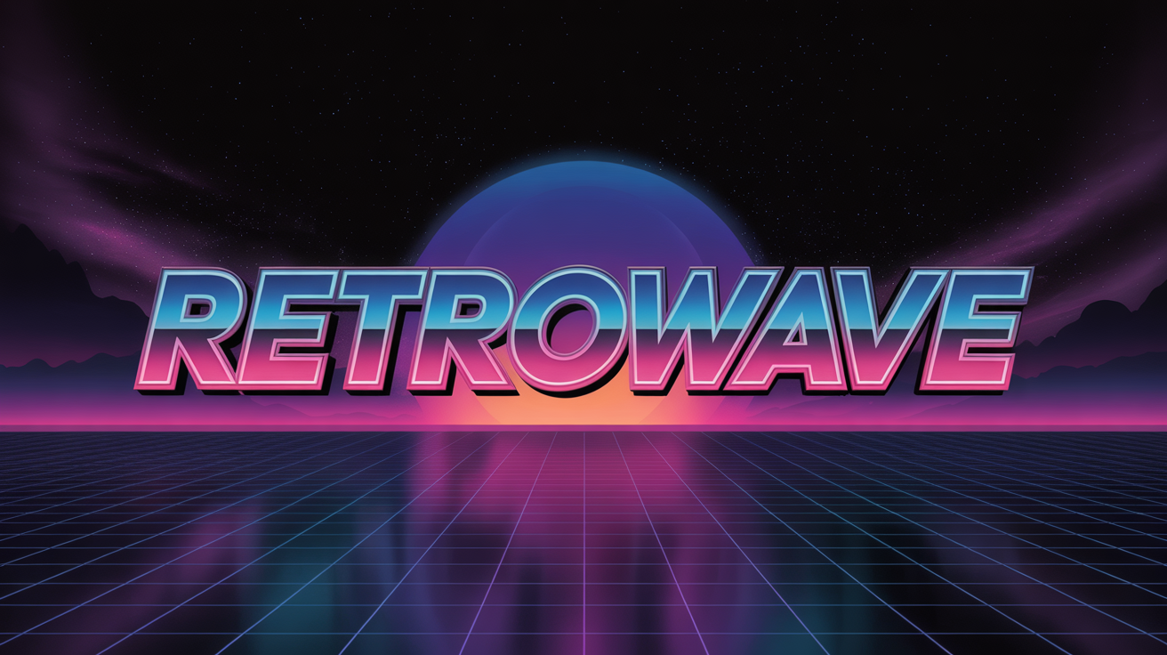 A hero image displaying the word 'RETROWAVE' in a vibrant 80s-inspired 3D text style, featuring a blue-to-pink neon gradient and a glossy finish, set against a retro-futuristic landscape with a grid and starry sky.