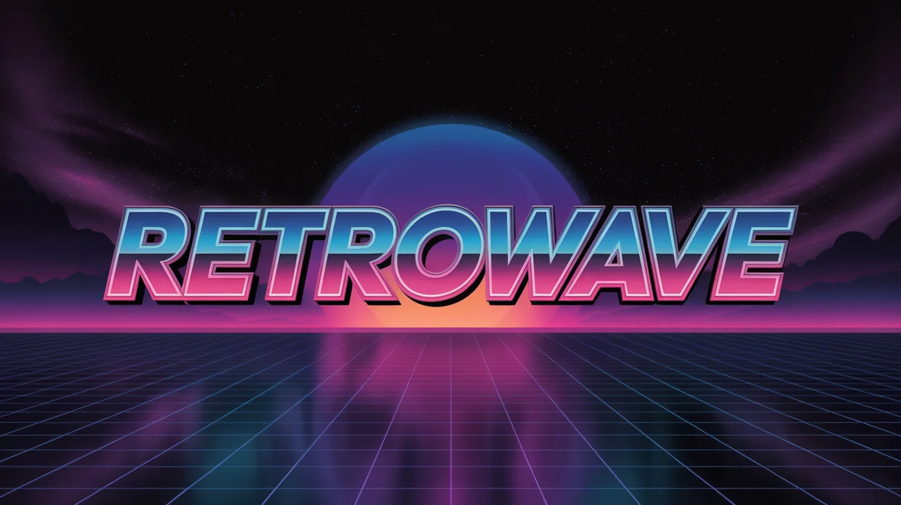 A hero image displaying the word 'RETROWAVE' in a vibrant 80s-inspired 3D text style, featuring a blue-to-pink neon gradient and a glossy finish, set against a retro-futuristic landscape with a grid and starry sky.