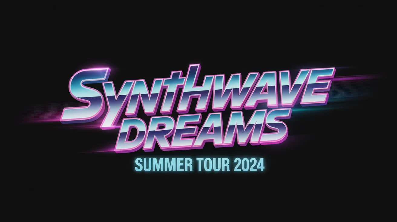 A mockup of a retrowave text design. The words 'SYNTHWAVE DREAMS' are in a bold chrome font with pink and blue neon glows. Below, the text 'SUMMER TOUR 2024' is in a smaller cyan font.