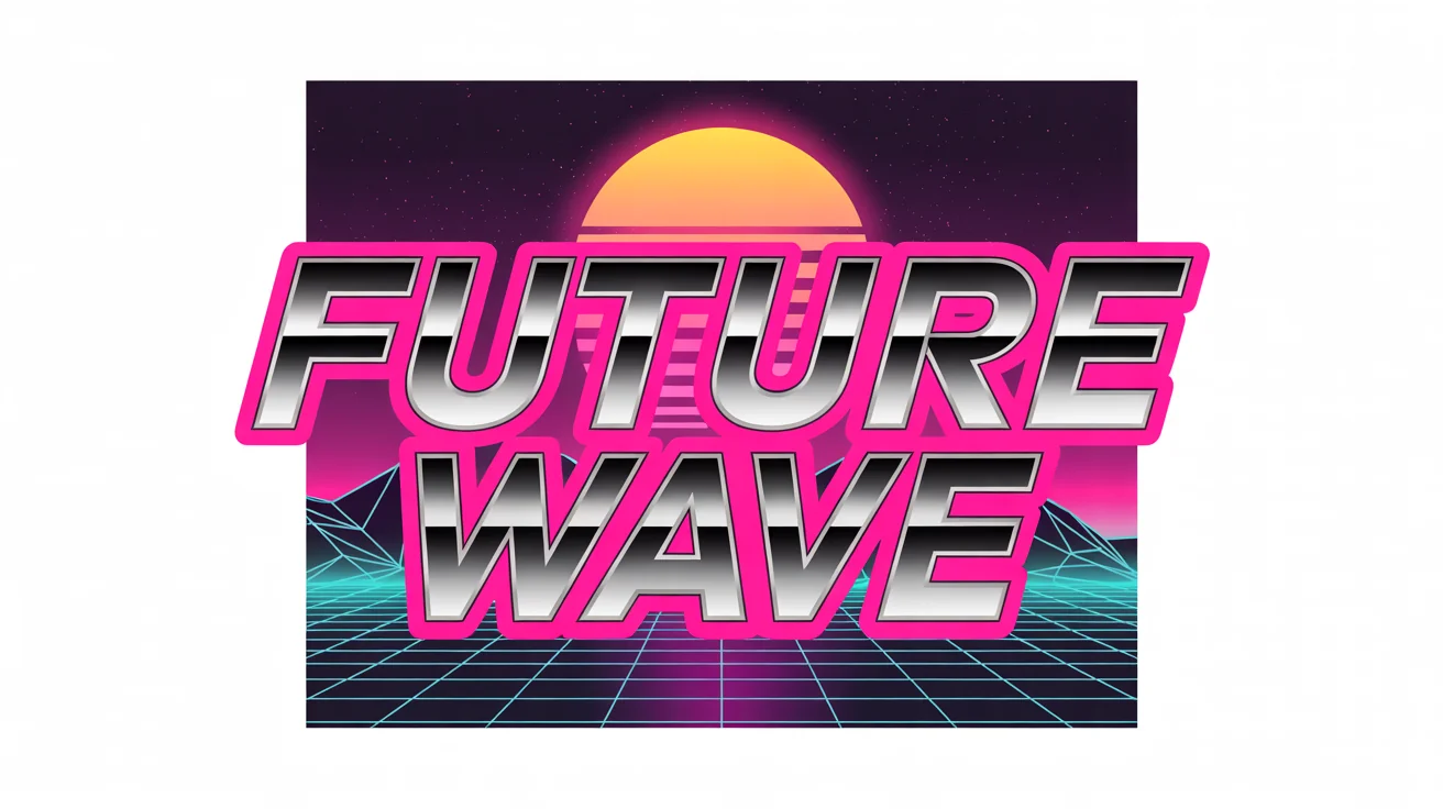 A retrowave-style design mockup featuring the words 'FUTURE WAVE' in glowing pink neon and chrome, set against a digital grid and mountain landscape. The entire design is isolated on a white background.