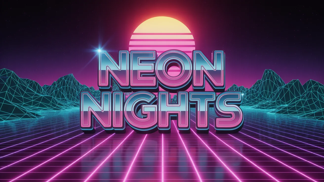 The words 'NEON NIGHTS' rendered in a metallic, 80s-style font with a bright pink and blue neon glow, set against a dark retrowave background featuring a digital grid and a setting sun.