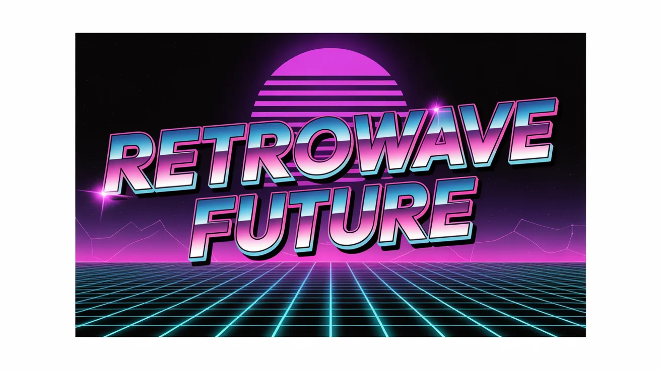 The words 'RETROWAVE FUTURE' in a neon-outlined chrome font, set against a classic 1980s retrowave background with a digital grid and sunset.