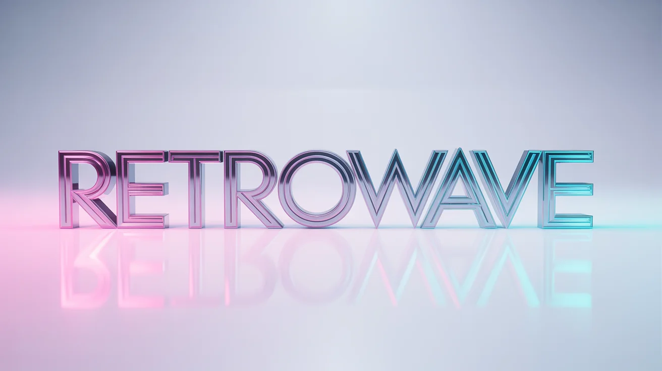 A 3D rendering of the word 'RETROWAVE' in a chrome, 1980s-style font, glowing with neon pink and cyan light, presented against a plain white background.