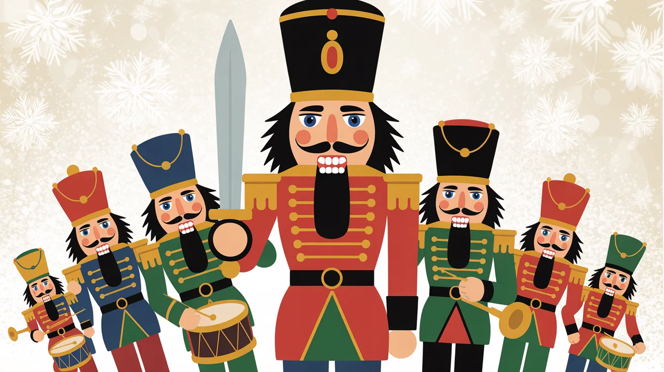 A showcase of colorful, cartoon-style nutcracker clipart figures in various soldier uniforms and poses, artfully arranged on a clean, light background for a festive hero image.