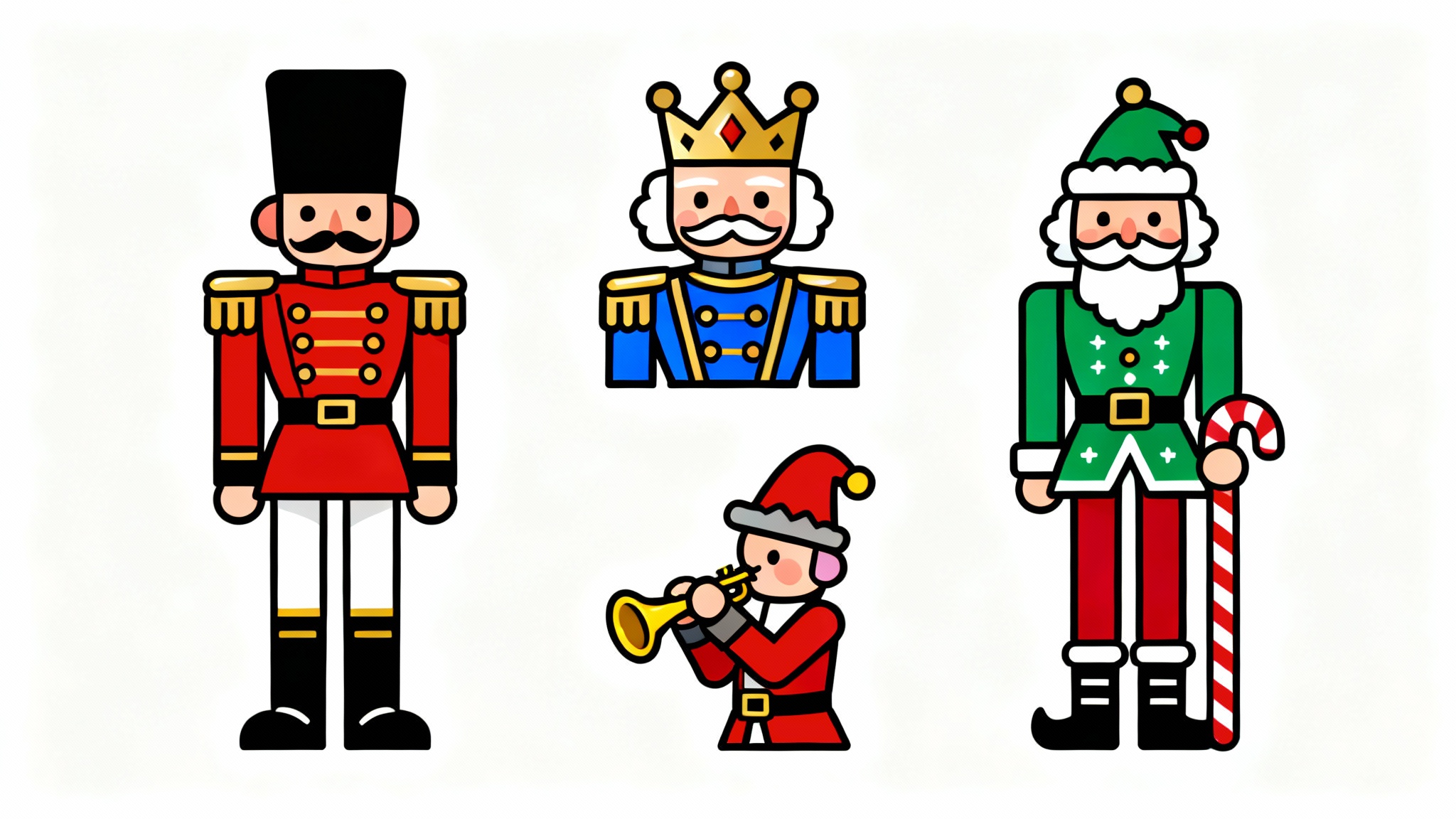 A set of four colorful nutcracker clipart illustrations in a flat vector style, including a soldier, a king, and a musician, displayed on a clean white background.