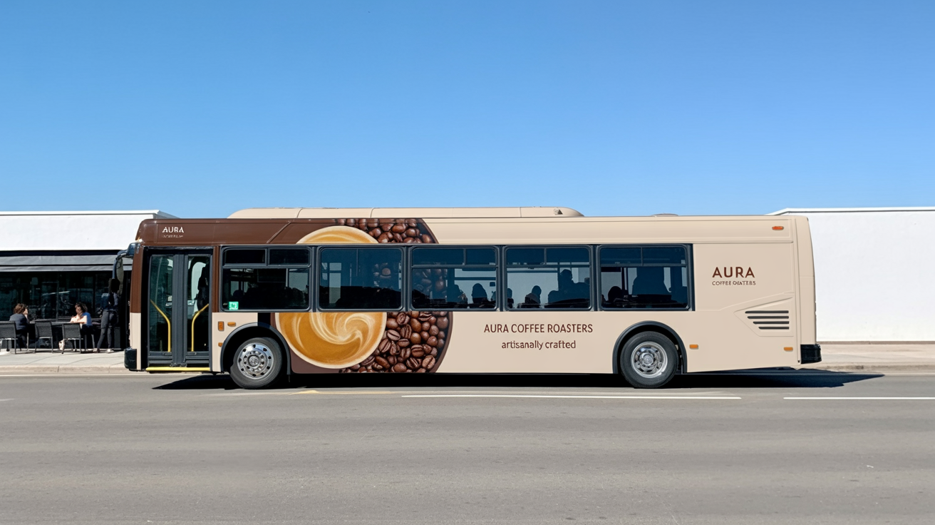A photorealistic mockup of a modern city bus wrapped in an elegant advertisement for 'Aura Coffee Roasters', parked on a sunny urban street.