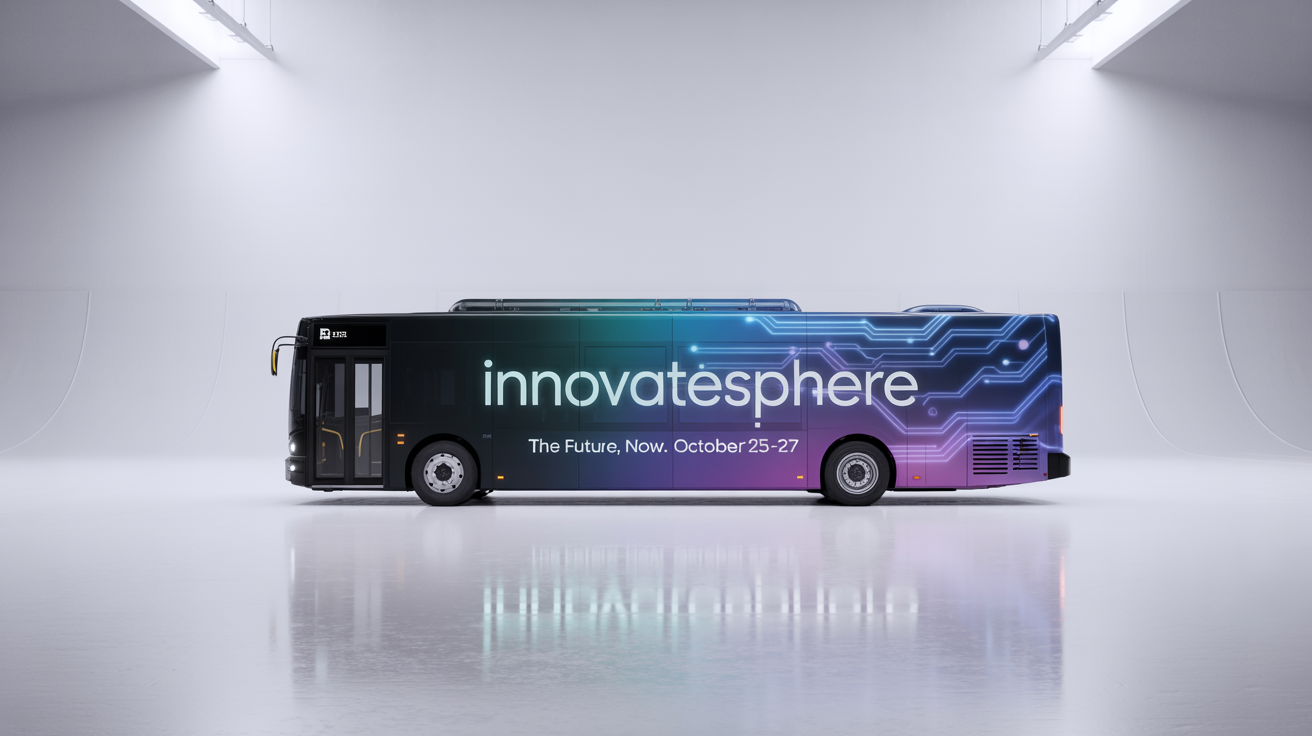 A professional mockup of a modern city bus with a custom wrap design for a fictional tech conference called 'InnovateSphere', set against a plain white background.
