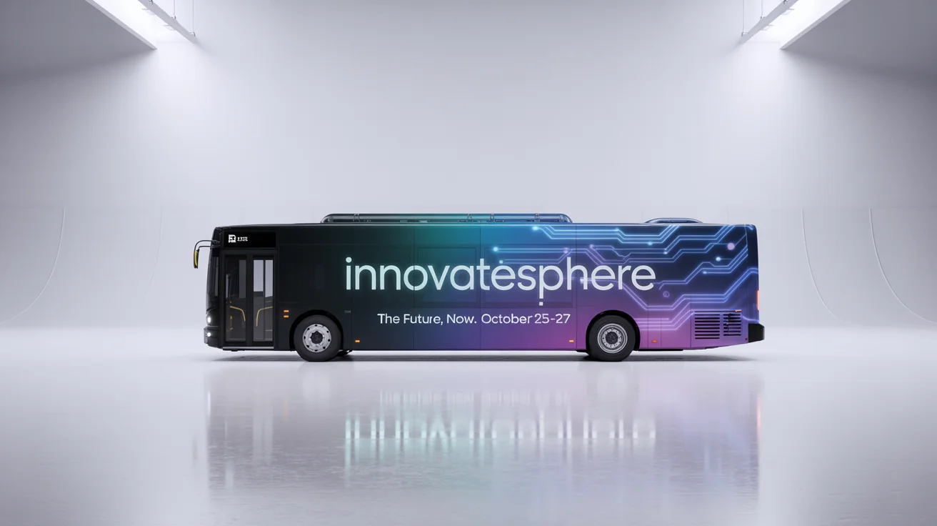 A professional mockup of a modern city bus with a custom wrap design for a fictional tech conference called 'InnovateSphere', set against a plain white background.