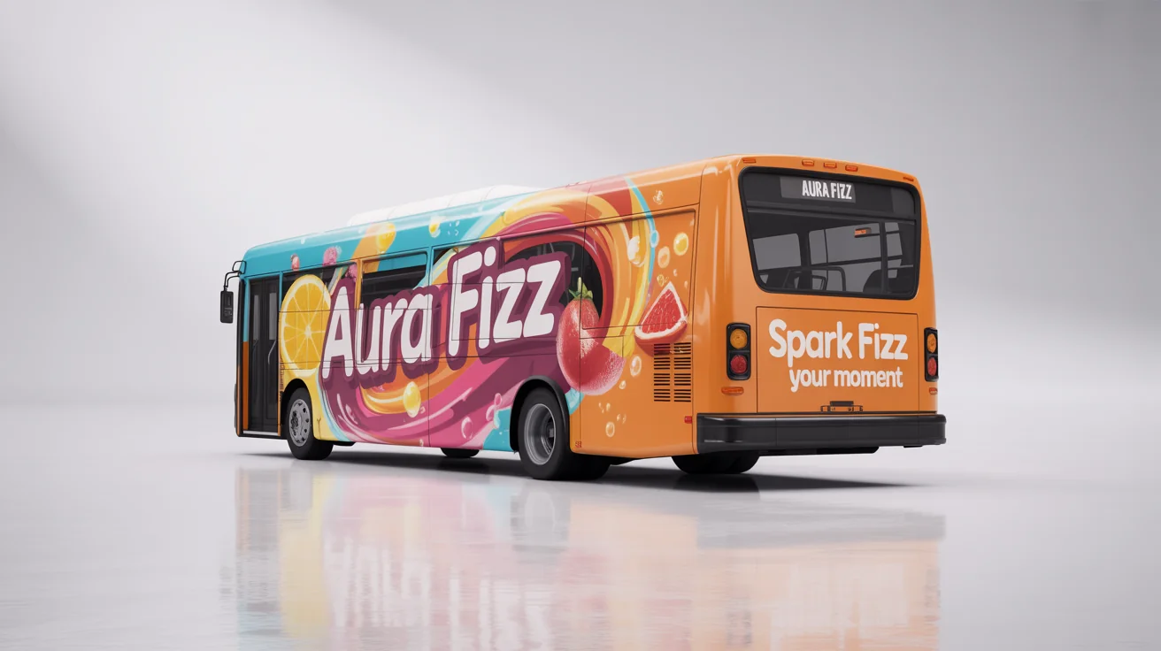 A photorealistic mockup of a city bus with a vibrant, colorful wrap design for a fictional brand called 'Aura Fizz', presented against a stark white background.
