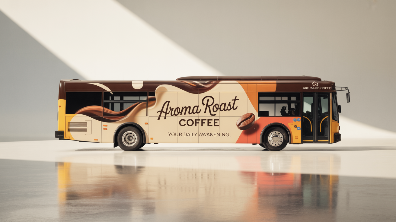 A modern city bus featuring a professional and vibrant wrap mockup for 'Aroma Roast Coffee', set against a plain white background.